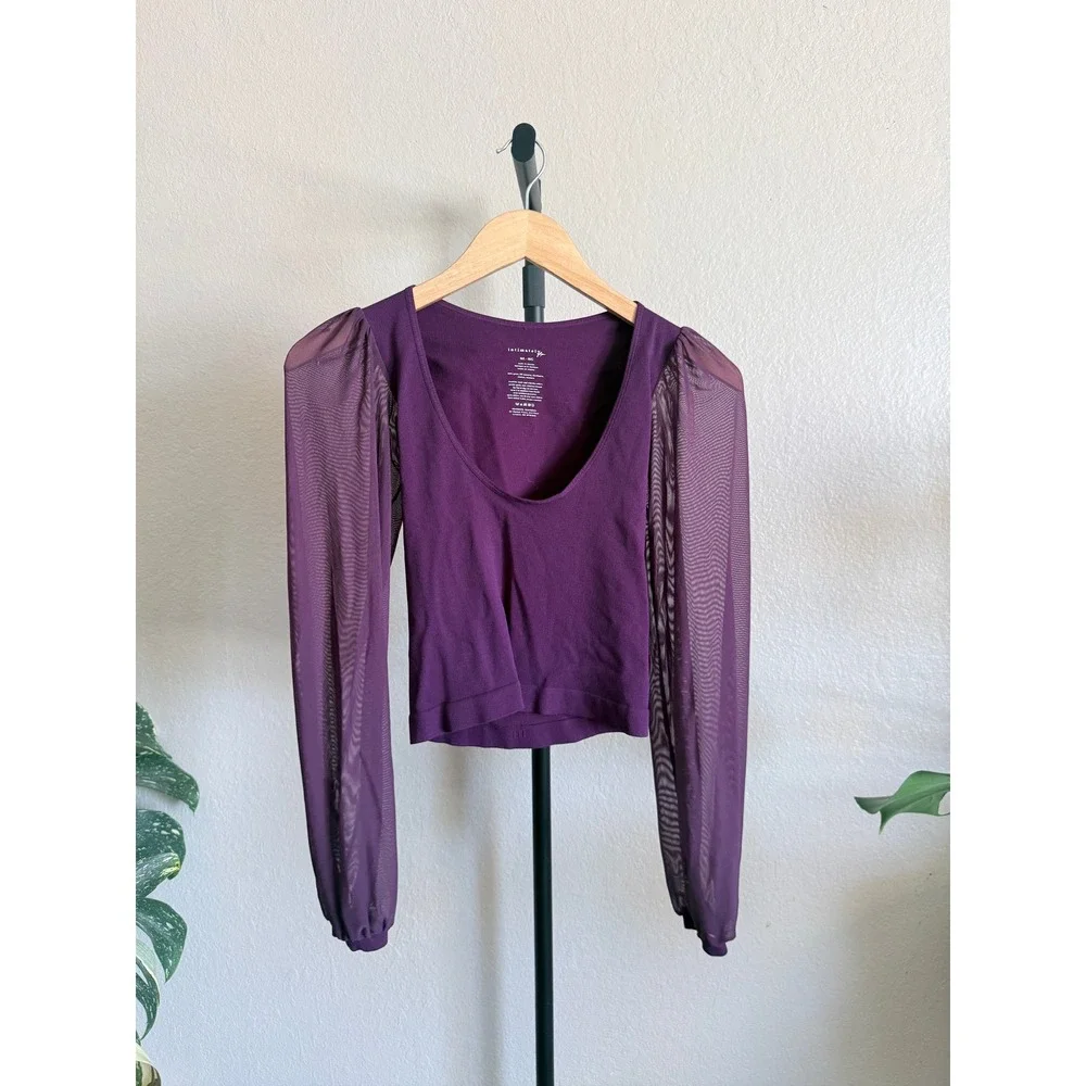 Free People Intimately Mesh Sleeve Ribbed Top Purple M/L Deep Scoop Neck
